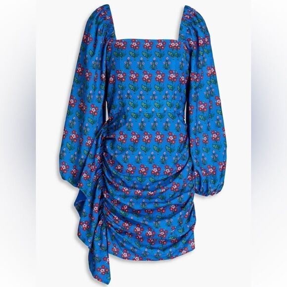 New Rhode Mina Draped Floral-Print Crepe de Chine Mini Dress Blue Small - Picture 14 of 14